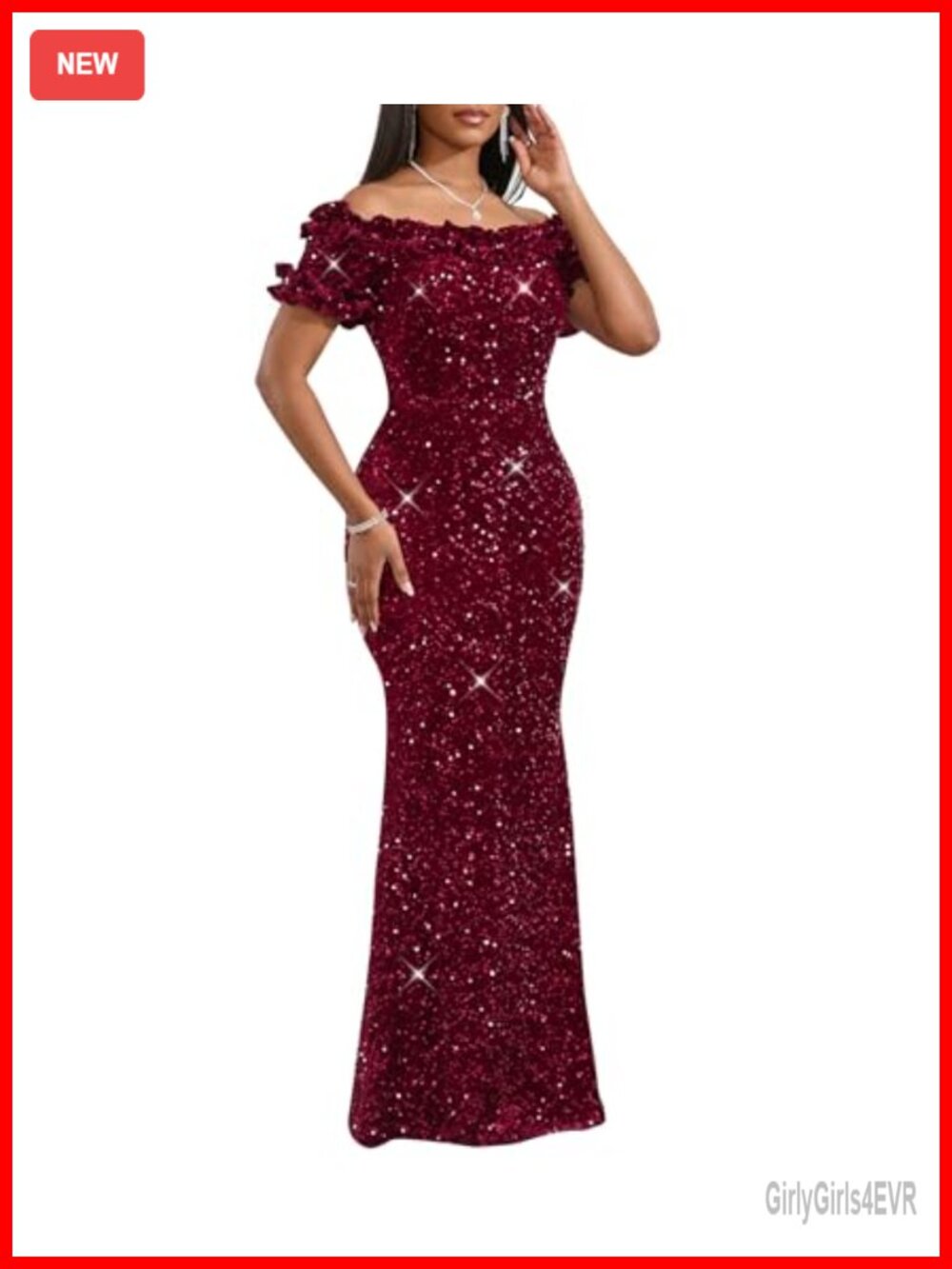 Women Sequin Off Shoulder Ruffle Sleeve Bodycon Mermaid Formal Evening Maxi